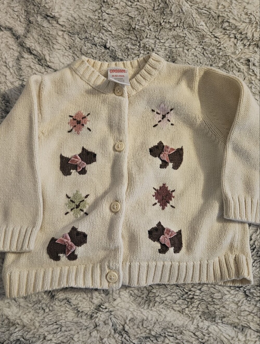 Gymboree Cream Knit Cardigan with Brown Dog Appliqués